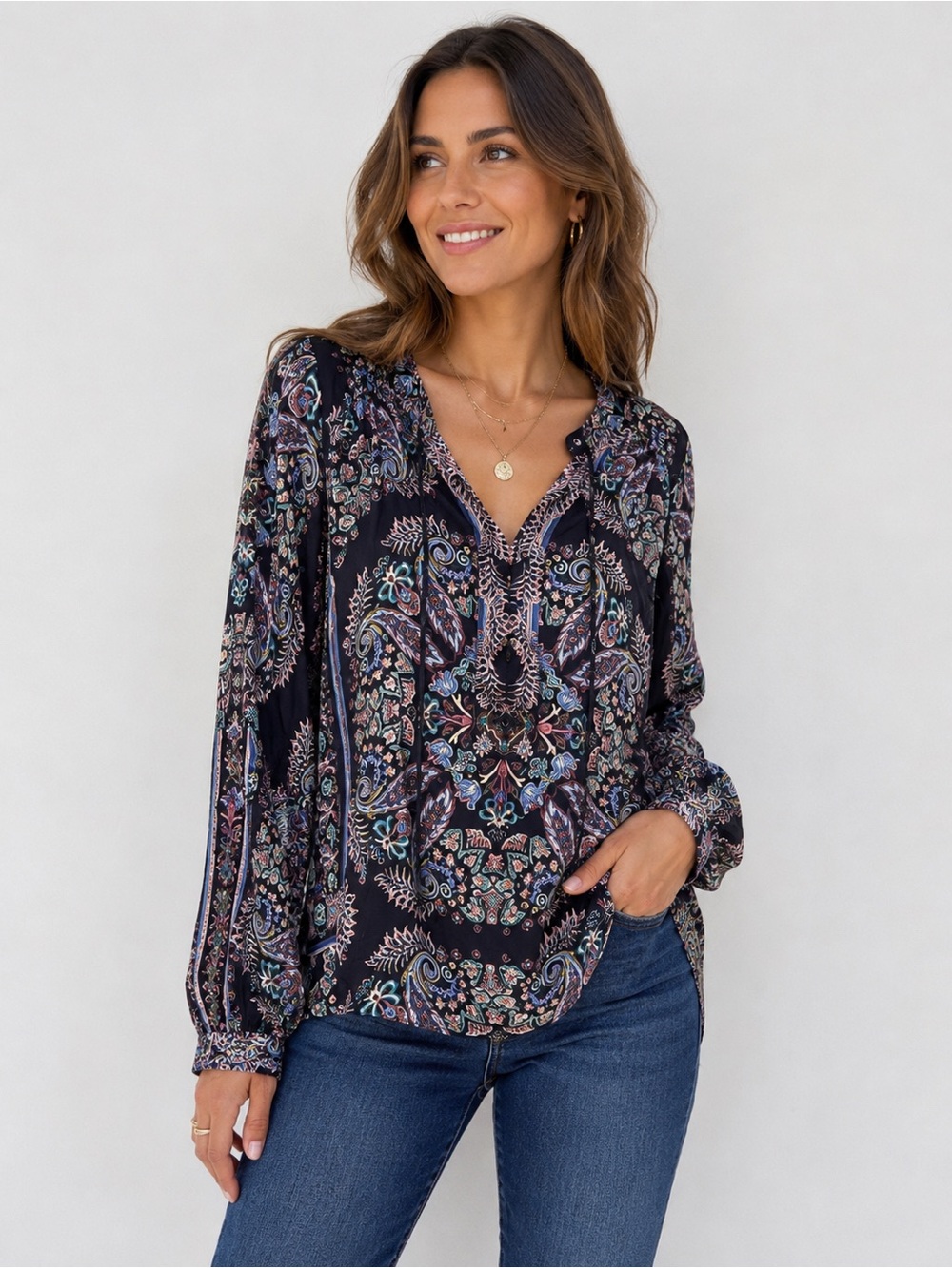 HALE BOB Silk Blend Paisley Blouse Long Sleeve Top MEDIUM